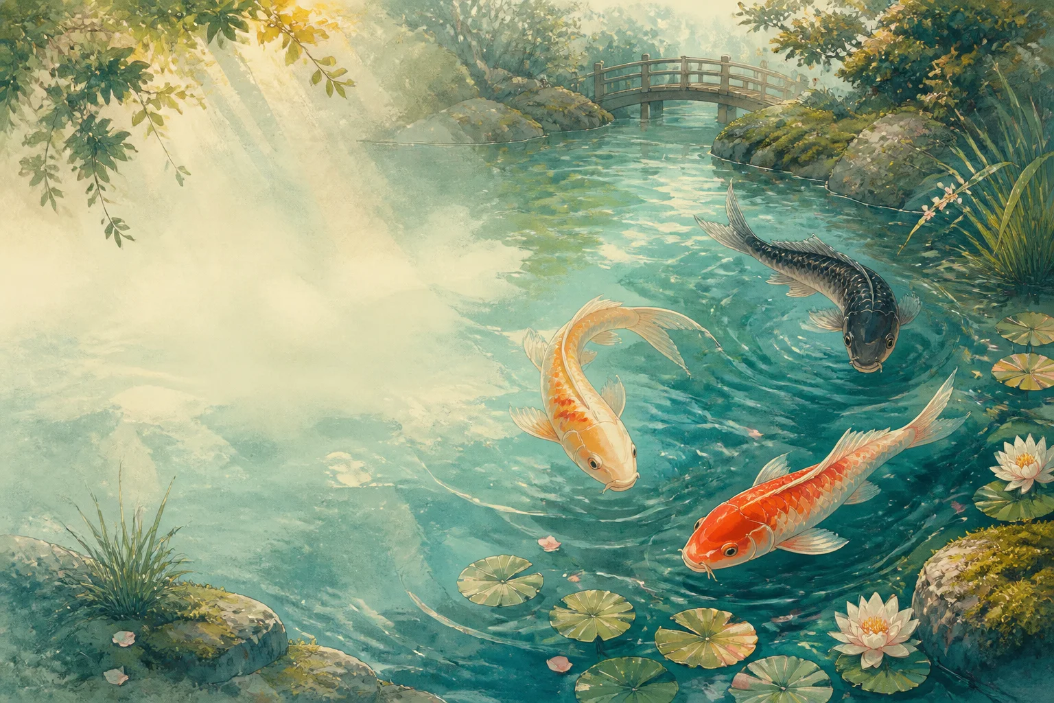 Ilustrowany staw z trzema koi pośród lilii wodnych